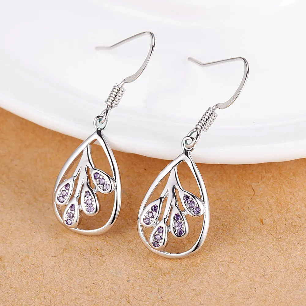 

Purple Small Round Cubic Zirconia Earrings With Leaf Hollow Women Jewelry Earring Drop For Frienfs Elegant Fashion Pieces