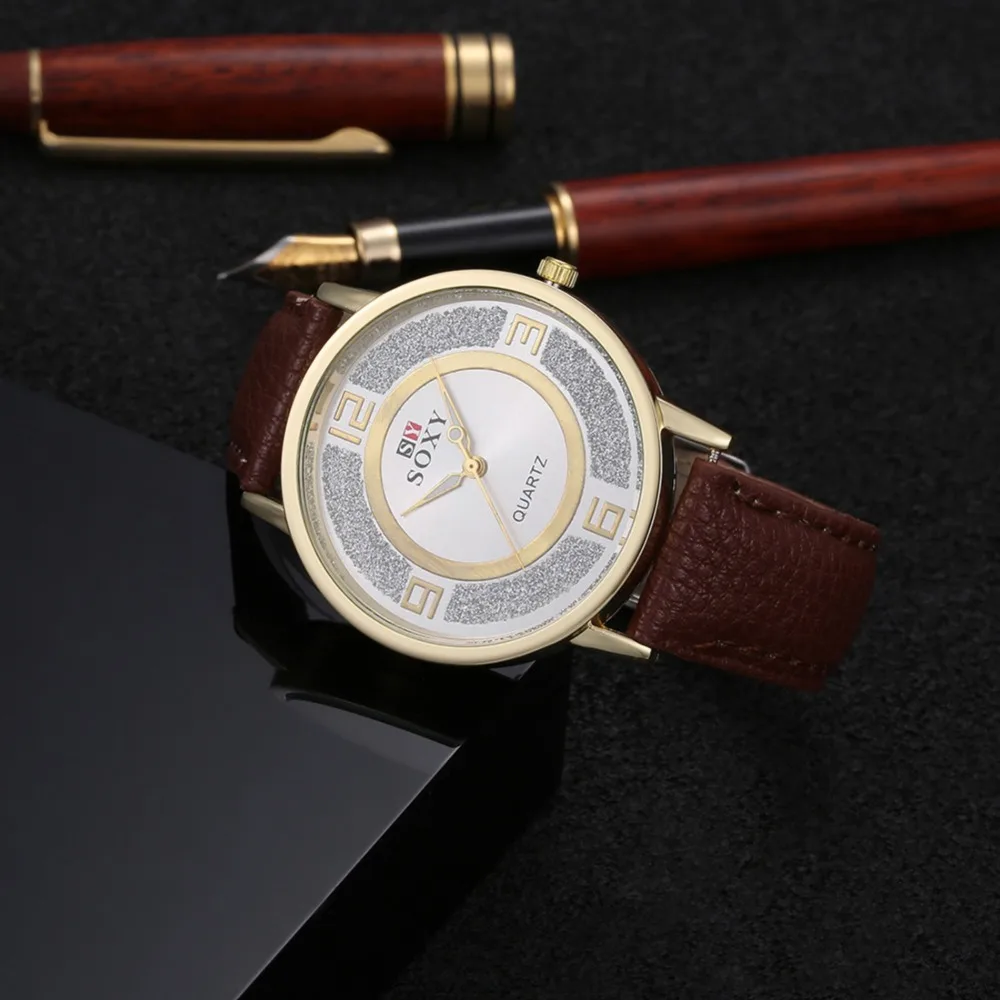 

SOXY Brand Luxury Golden Fashion Business Leather Watches Men Retro relogio masculino Top Quartz Man watch Clock erkek kol saati