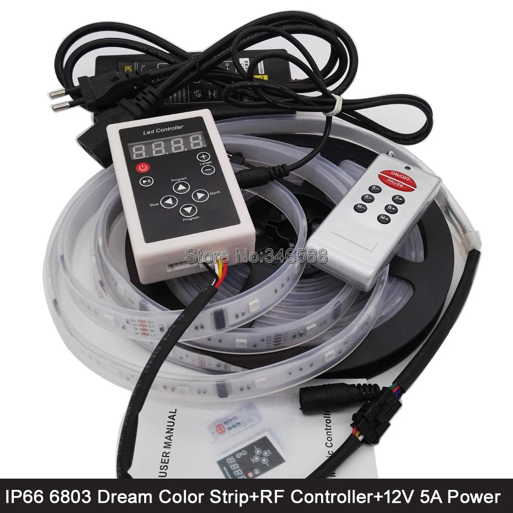 ФОТО 5M 12V 6803 IC Magic Dream Color LED Strip IP66 Waterproof + 133 Program RF Remote Controller + 12V 5A Power Adaptor Full Set