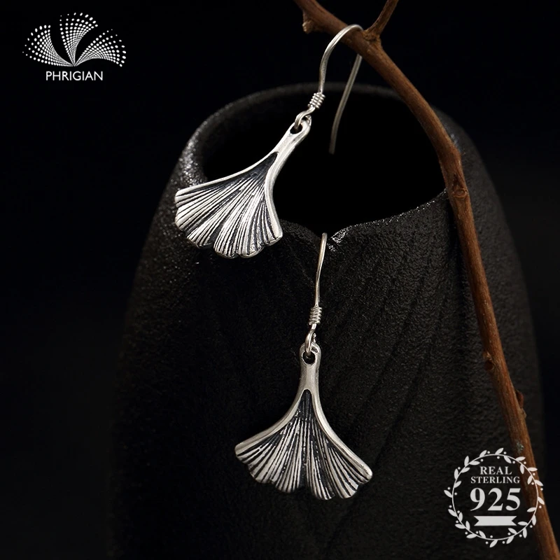 

S925 Fine Jewelry Earrings 100% Sterling Silver handicraft Antique store Vintage Natural Retro Exquisite ginkgo leaf unique