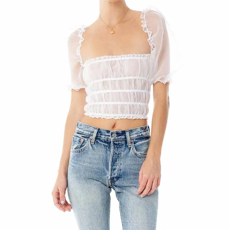 

WHOSONG Organo Sexy Perspective Blouse Shirt Puff Sleeve Short White Blouse Summer Lady Shirt Top Female Black Blouse Tops