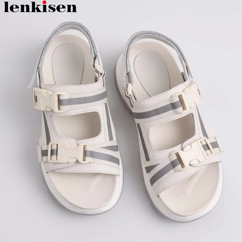 

Lenkisen cow leather mesh patchwork vintage gladiator shoes handsome rock girls hook&loop design peep toe plus size sandals L89