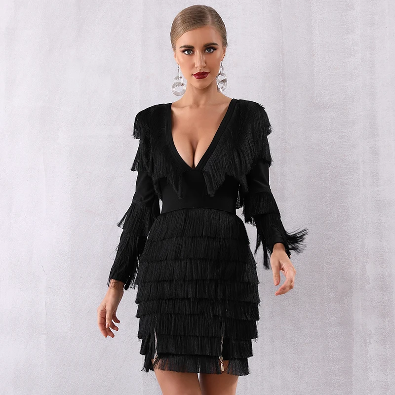 Женские новые продукты летние вечерние платья знаменитостей черные белые с длинным рукавом v-образным вырезом бахрома мини-повязка Vestidos сексуальная мода
