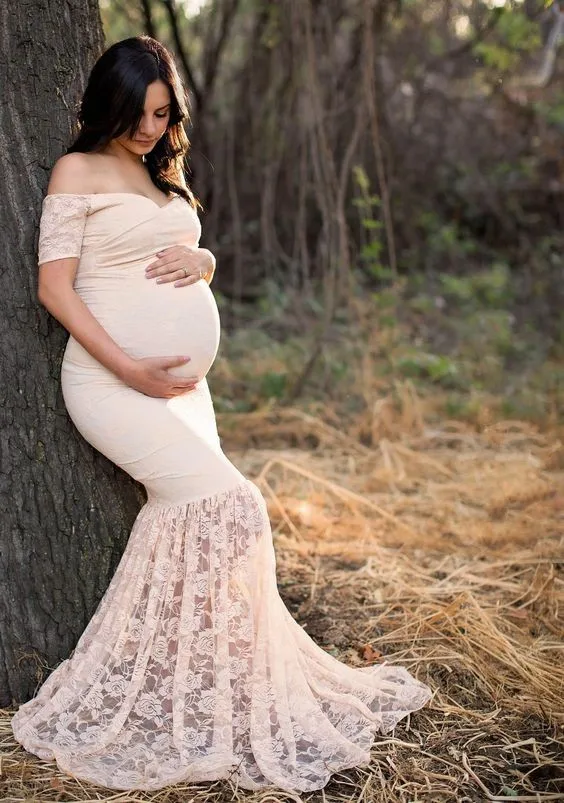 Off The Shoulder Sweetheart Mermaid Long Lace Maternity Prom Gowns Plus
