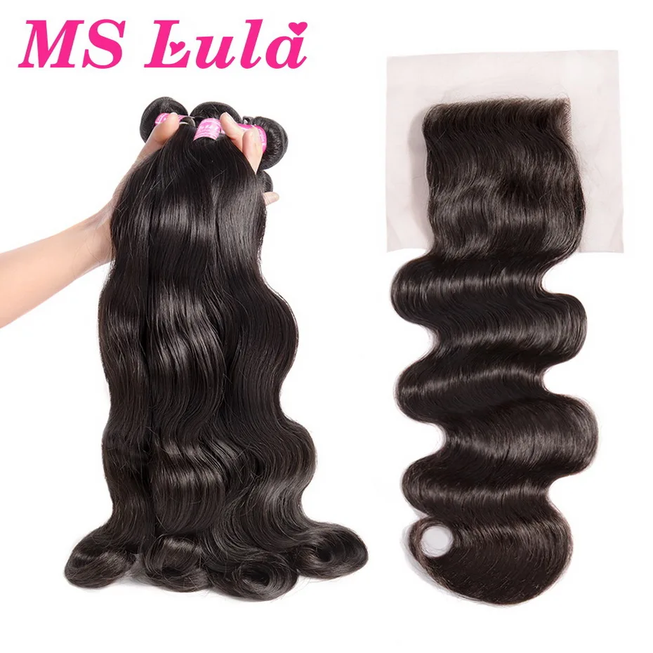 

MS Lula Peruvian Hair Weave Body Wave 3 Bundles With 4x4 Lace Closure 100% Human Hair Bundles Natural Color Remy Hair Extensions