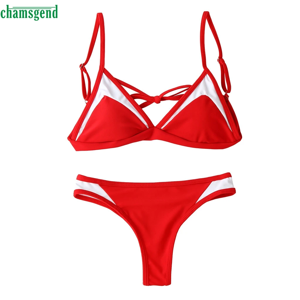 

Chamsgend Women's Patchwork Adjustable Strap Bikini Split Swimsuit Padded Biquini Bathing Tankini Beach Solid Brazilian Swimwear