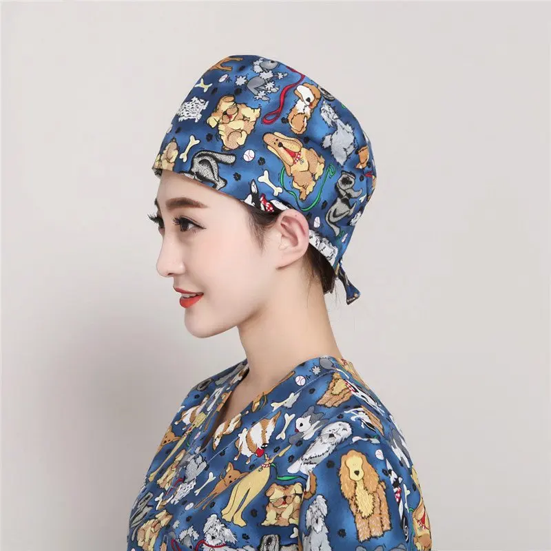 

Medical Staff Printed Cap Dog Pattern Female Nurse Doctor Scrub Cap Operating Room Anesthesiologist Profession Surgical Work Hat