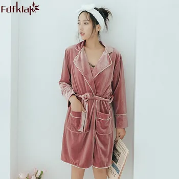 

Fdfklak Spring Autumn New 2Pieces Robe Dressing Gown Female Lingerie Set Sleepwear Velvet Nightgown And Robe M-XL Q1446