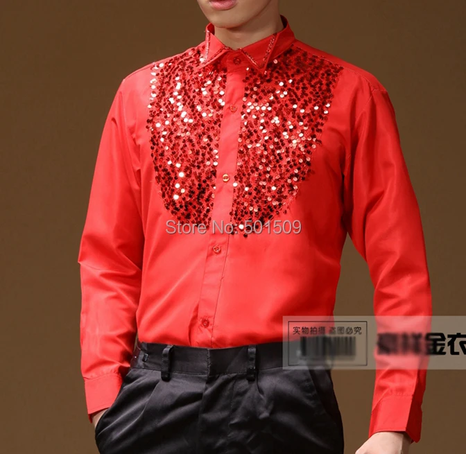 Golden/Black/Royal Blue/Red Sequins Beading Collar Front Mens Tuxedo Party/Event Shirts