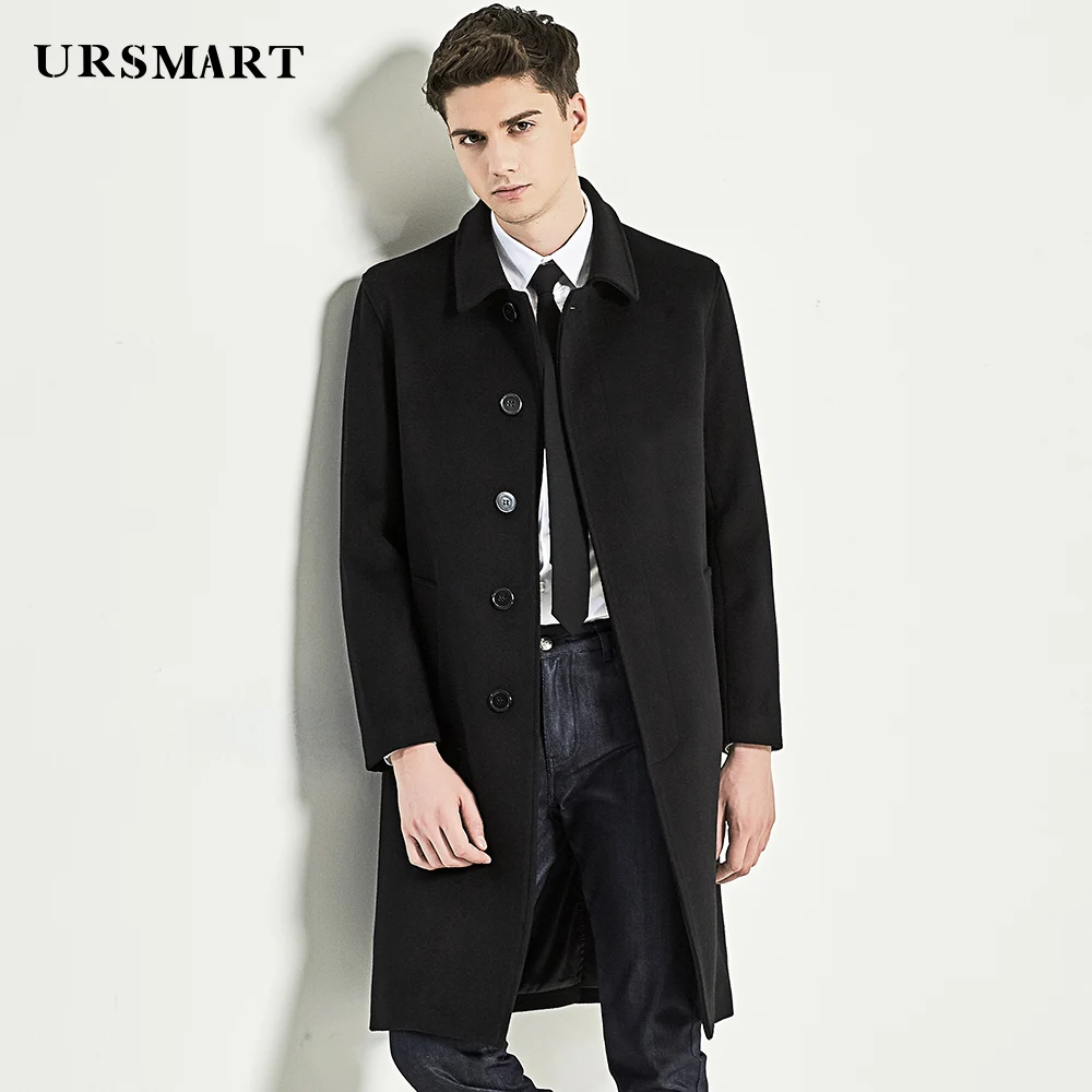 

URSMART Authentic long wool coat men's single row button business casual black men's coat trim coat