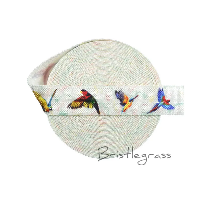 

BRISTLEGRASS 5 Yard 5/8" 1.5cm Bird Print FOE Fold Over Elastic Spandex Satin Band Headband Hair Tie Tutu Dress Sewing Lace Trim