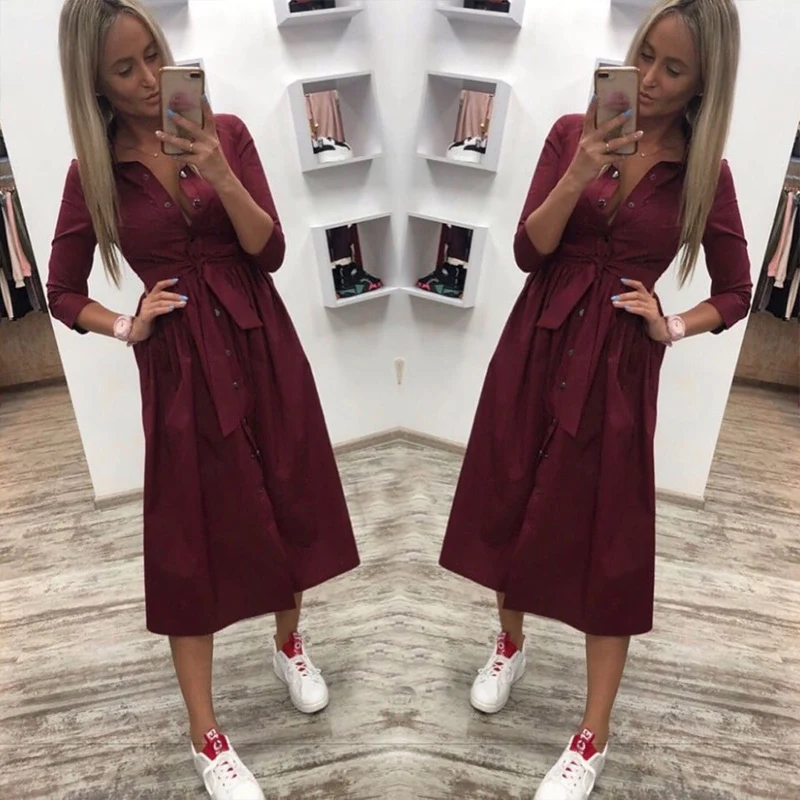 

2019 Women Autumn Casual Sashes Solid Dress Office Ladies Seven Sleeve Button Elegant Party Dress Women Vintage A-Line Dresses