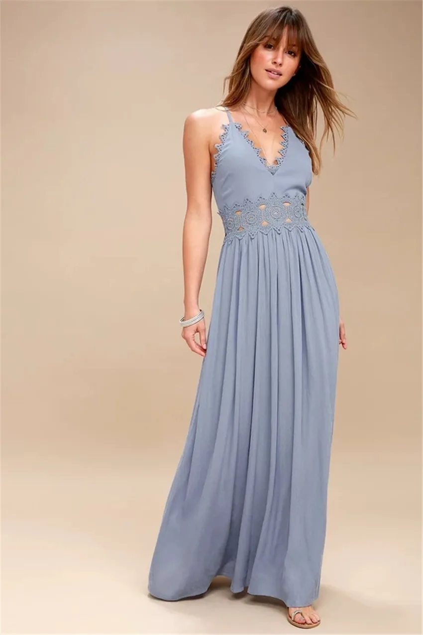 Элегантное Длинное Платье с открытой спиной на бретелях для женщин, Вечернее Летнее пляжное платье, вечерние, сексуальные, синие, макси платья, vestidos, сарафан