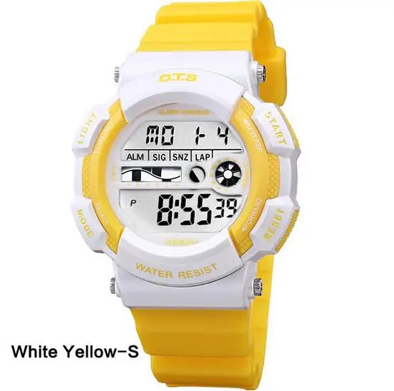 OTS/модный бренд для мальчиков и девочек, детские водонепроницаемые цифровые светодиодные часы, спортивные наручные часы с секундомером - Цвет: White yellow S