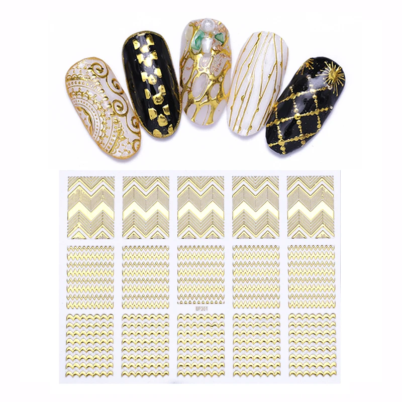 

NEE JOLIE 1 Sheet Gold 3D Nail Sticker Geometric Pattern Heart Star Stripes Wave Transfer Stickers Nail Art Decoration