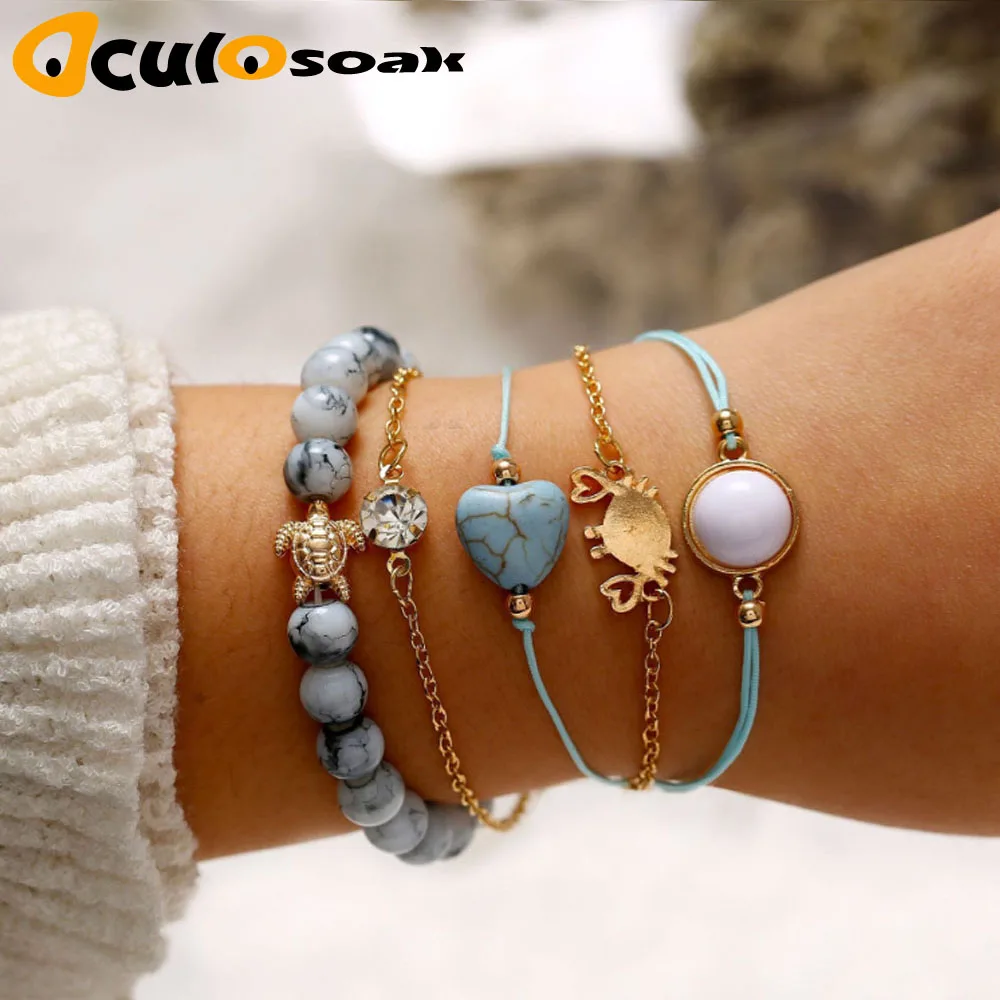 

4Pcs/Set Bohemian Shell Letter Bracelets Set For Women Girl Chain & Link Pineapple Bracelet & Bangles Charm Female Jewelry