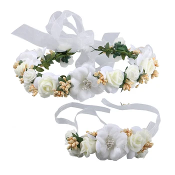 

2pcs Women Flower Wreath Crown Floral Wedding Garland Headband Wrist Band Set