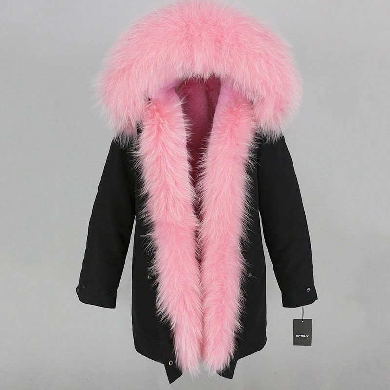 Женская парка с мехом енота OFTBUY, черное водонепроницаемое пальто на меху, с большим капюшоном с отделкой из натурального меха енота, верхняя одежда со съемным мехом, зима - Цвет: black pink