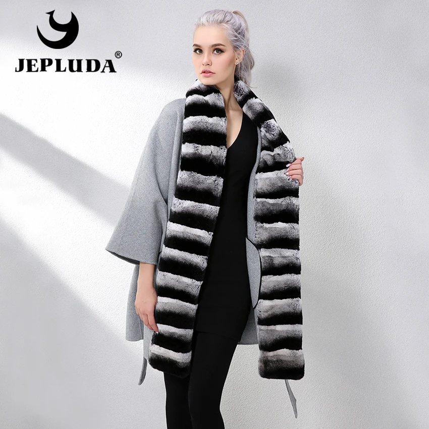 

JEPLUDA Loose Cashmere Coat Full Pelt Genuine Rex Rabbit Fur Collar Fashion Wool Coat Real Fur Coat Genuine Leather Jacket Women