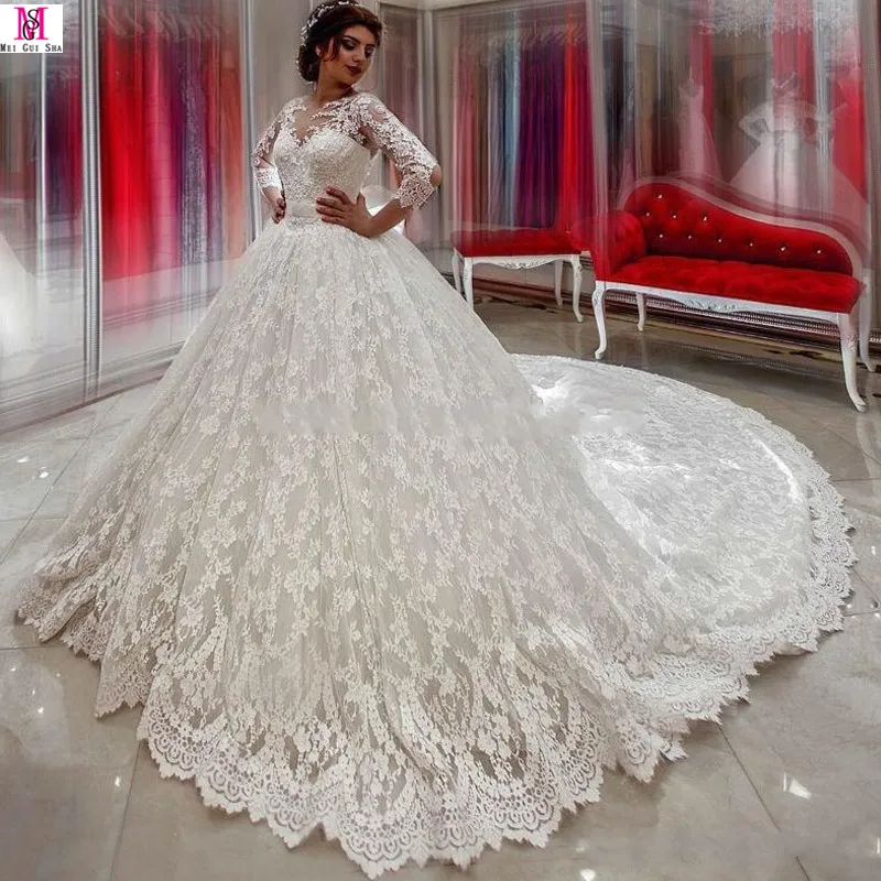 Romantic Ball Gown Lace Long Sleeve Wedding Dresses 2017 Applique Vestido De Novia Chapel Train Floor Length Robe Mariage | Свадьбы и