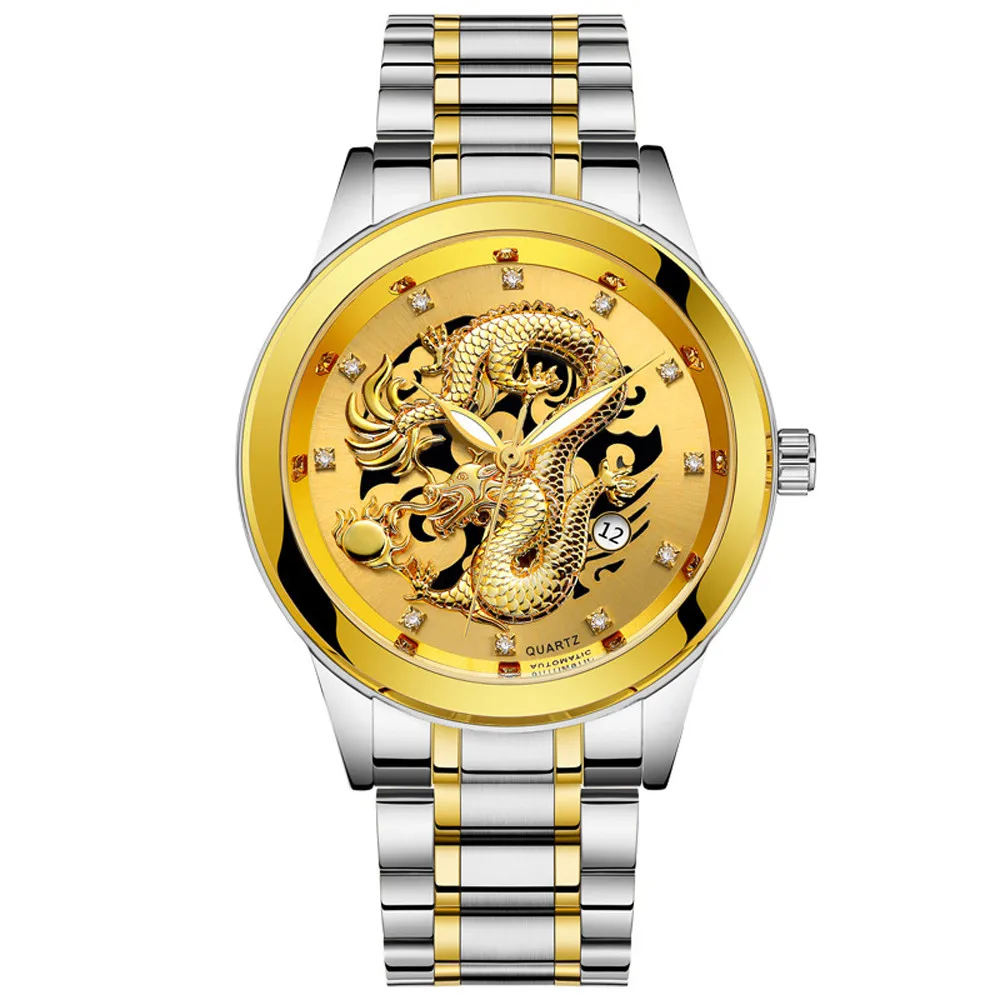 Часы Для мужчин Роскошные из нержавеющей стали ремешок Водонепроницаемый золотой дракон Скульптура Кварцевые наручные часы световой часы relogio masculino A40