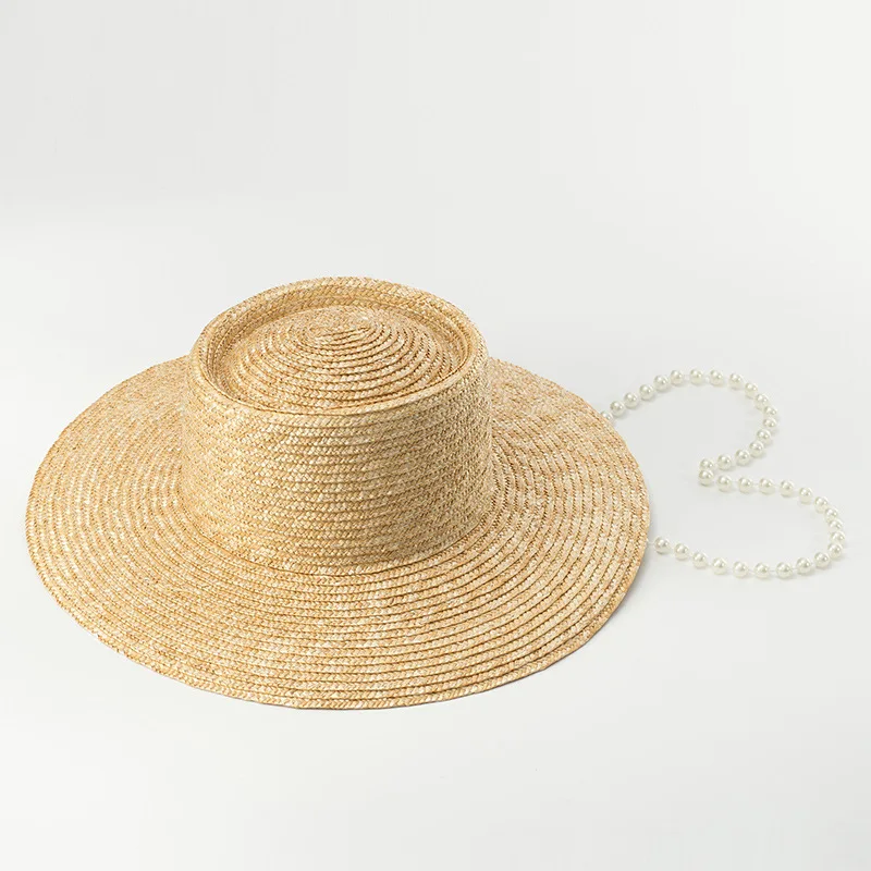

202308-nu facebook ins summer pearl chain handmade straw leisure lady holiday beach sun cap women outdoor hat