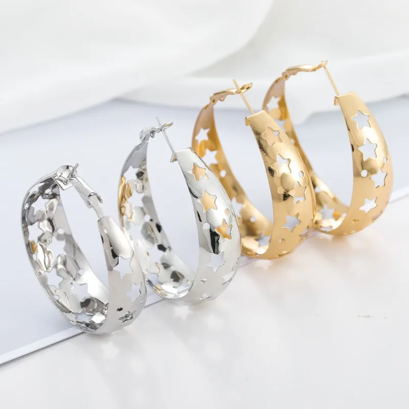 

2019 Simple Metal Openwork Star Geometric Earrings Vintage Hoop Earring For Women Fashion Jewelry Accessories boucle d'oreille