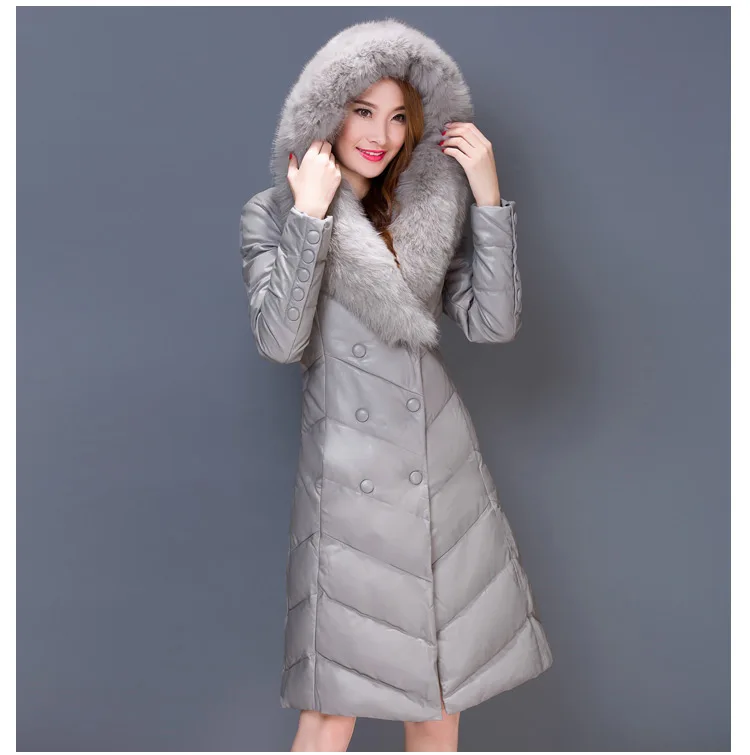 Зимние кожаные куртки для женщин, искусственная овечья кожа, кожаная куртка, воротник из искусственного меха лисы, белый утиный пух, куртка размера плюс, HJ366 - Цвет: Gray Hooded