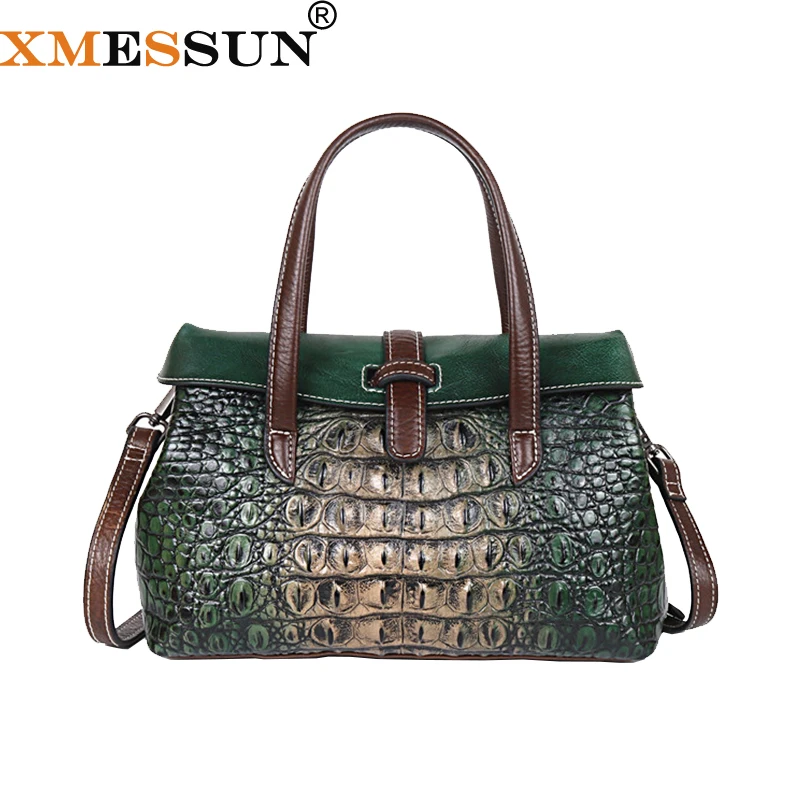

XMESSUN 2019 Retro Genuine Leather Crocodile Pattern Handbag Women High quality Shoulder Messenger Bag Lady Travel Tote Bag H302