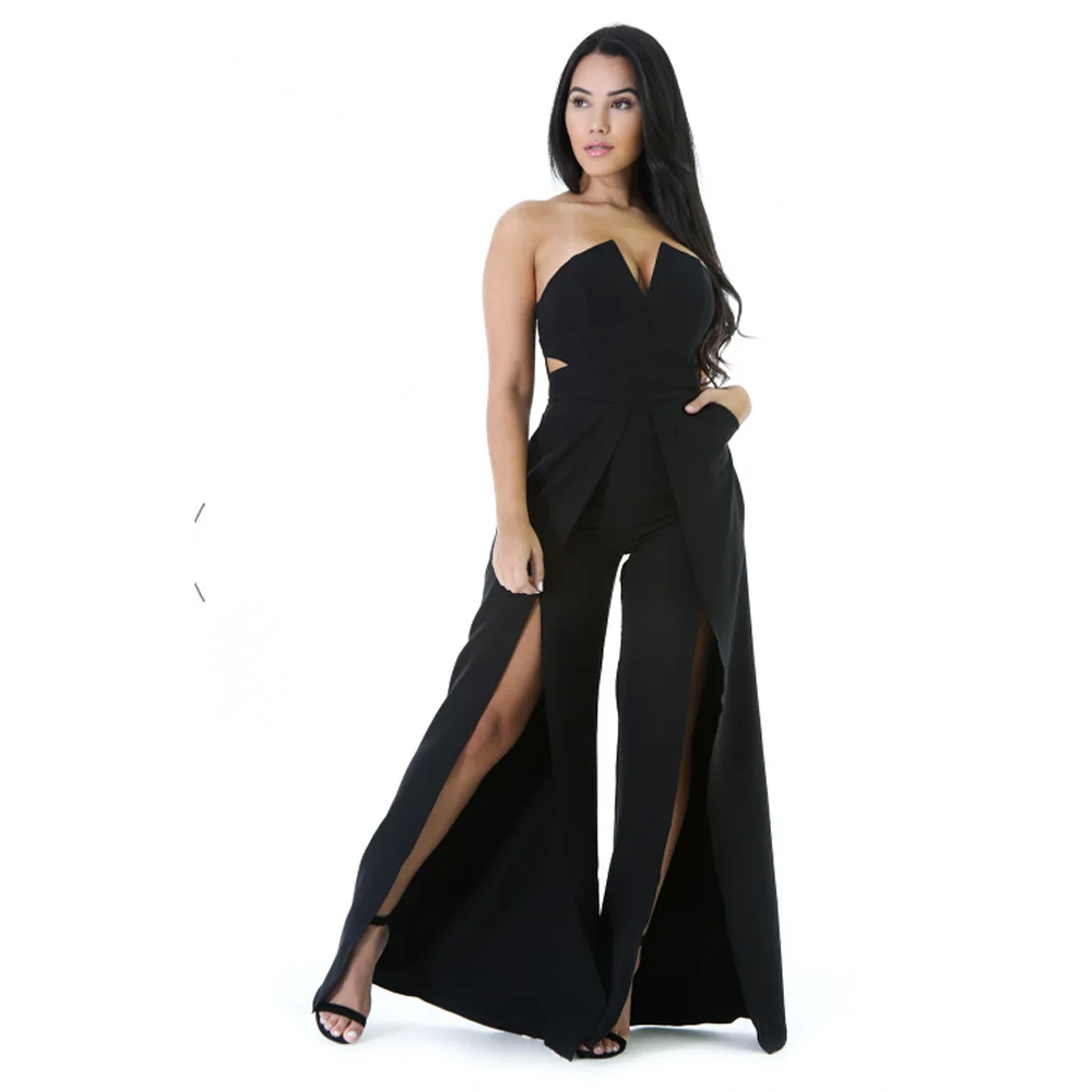 Adogirl 5 colors women wide leg high split strapless jumpsuits sexy full length sleeveless party suits bust split bandage set