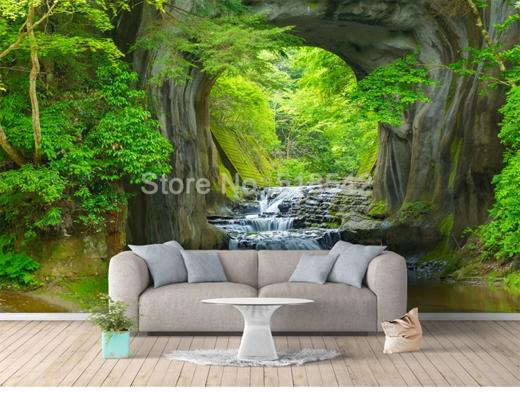 Пользовательские 3D фото обои фрески зеленый лес пещера пейзаж гостиная спальня фон Настенная роспись нетканые обои Декор