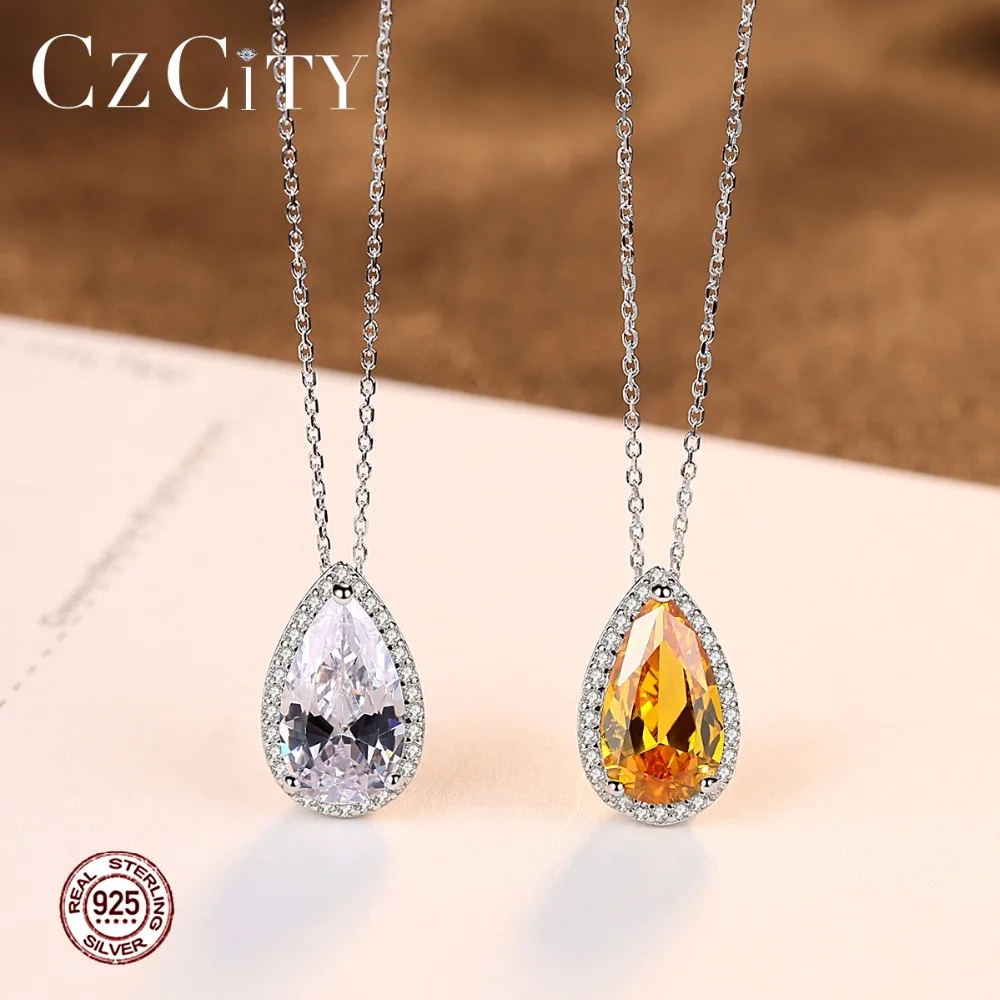 CZCITY, белый, желтый, кубический цирконий, Женская цепочка, серебряная подвеска, ожерелье для женщин, классика, тип капли воды, массивное ожерелье, подарок