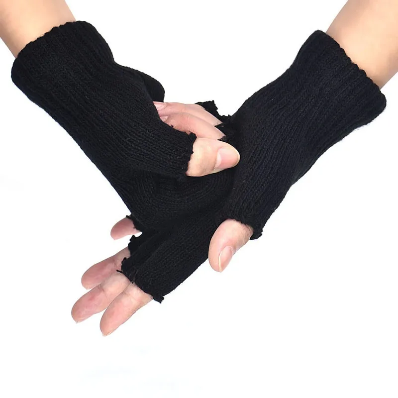 Мужские черные вязаные эластичные теплые перчатки без пальцев, Стильные теплые зимние перчатки,, модные P