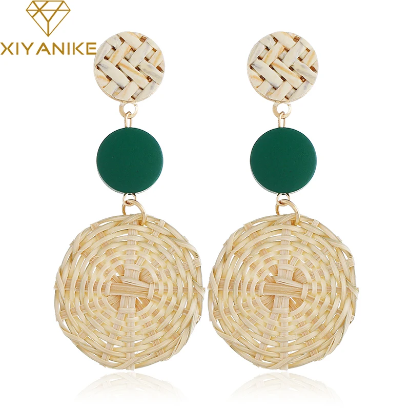 

XIYANIKE 2018 Korea Handmade Wood Round Geometric Hollow Rattan Straw Weave Long Drop Statement Earrings for Women Girl E1017