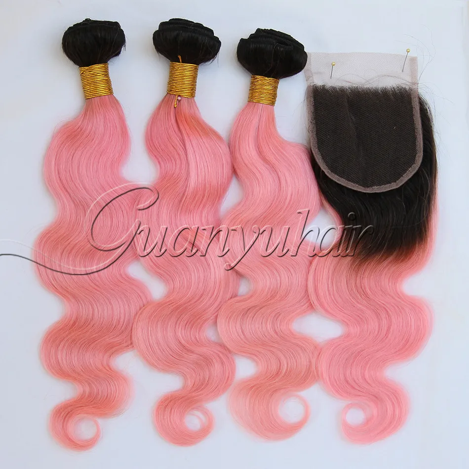 Guanyuhair 1B/Розовая кружевная застежка с 3 пучками, малазийские волосы с однонаправленной кутикулой эффектом деграде(переход от темного к розовый объемная волна переплетение человеческих волос с детскими волосами