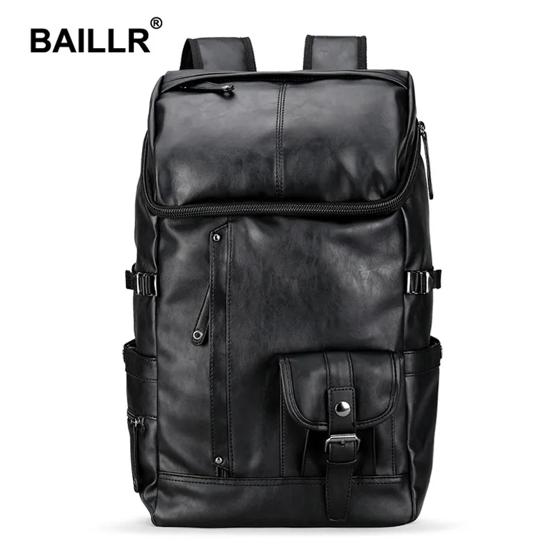 

BAILLR Brand Fashion Men Backpack Black Vintage School Bag PU Leather Travel Backpack for Teenagers