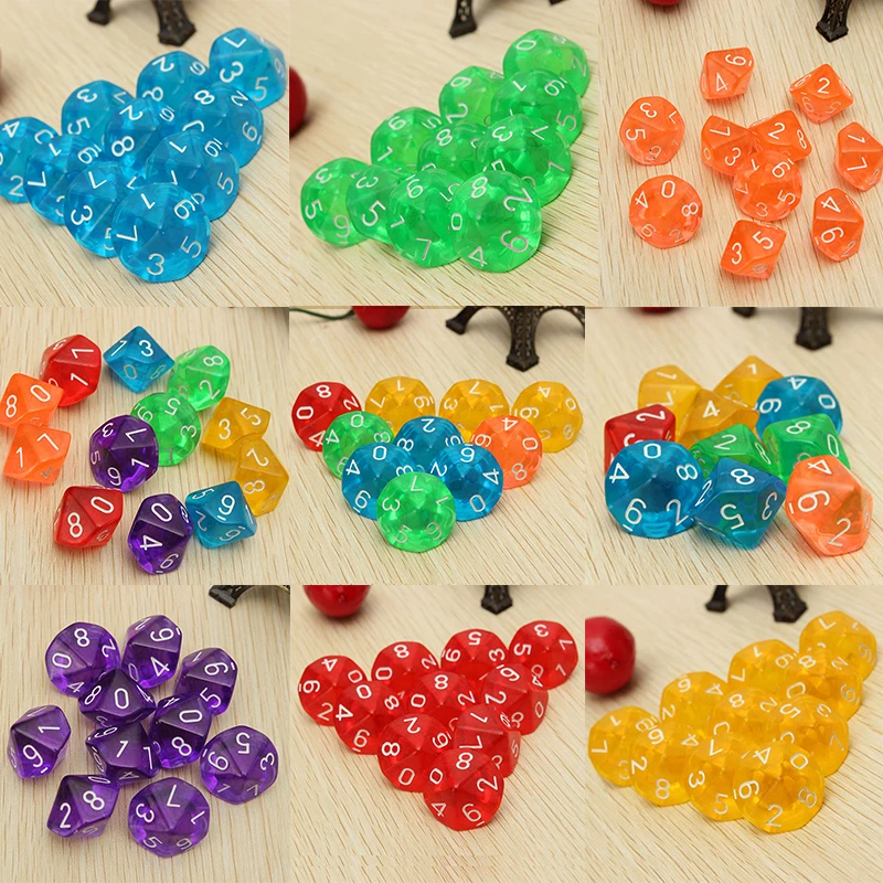 New 10pcs/set Multicolor Transparent 10 Dice Die 10-Sided Gem Dice D10 RPG Dungeons & Dragons Playing Games