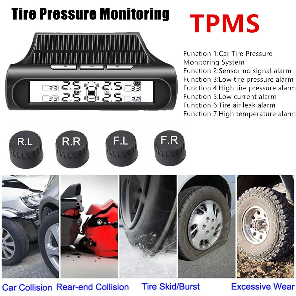 

Fast Charging USB Solar Power Car TPMS Tire Pressure Monitoring System HD LCD Display Car Tire Pressure Alarm 4 Wireless Sensors