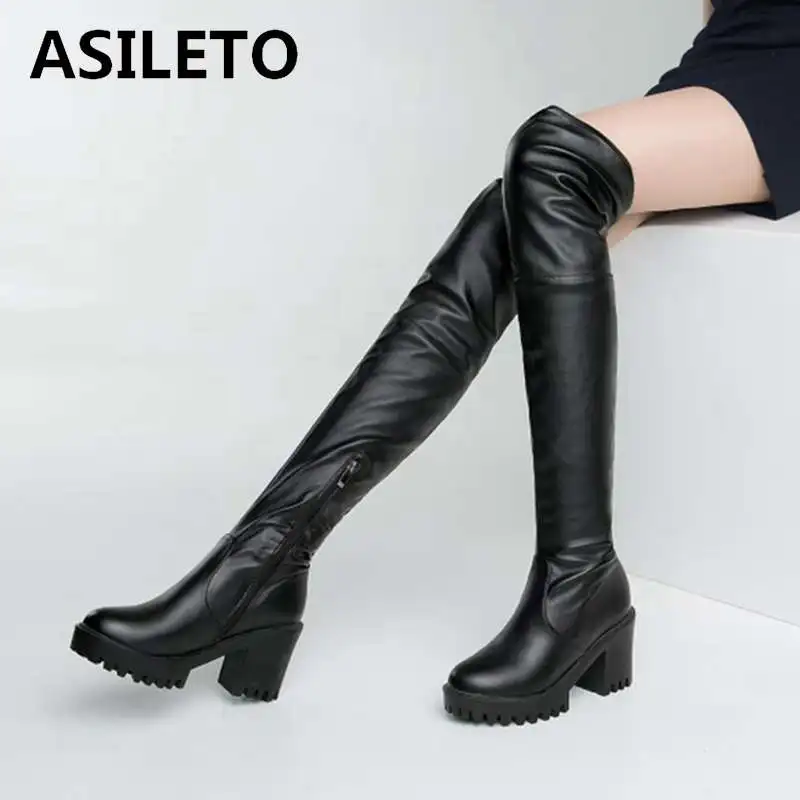

ASILETO Platform over the knee boots Woman black long boots block high heels Winter spring booties leather flock zipper shoes