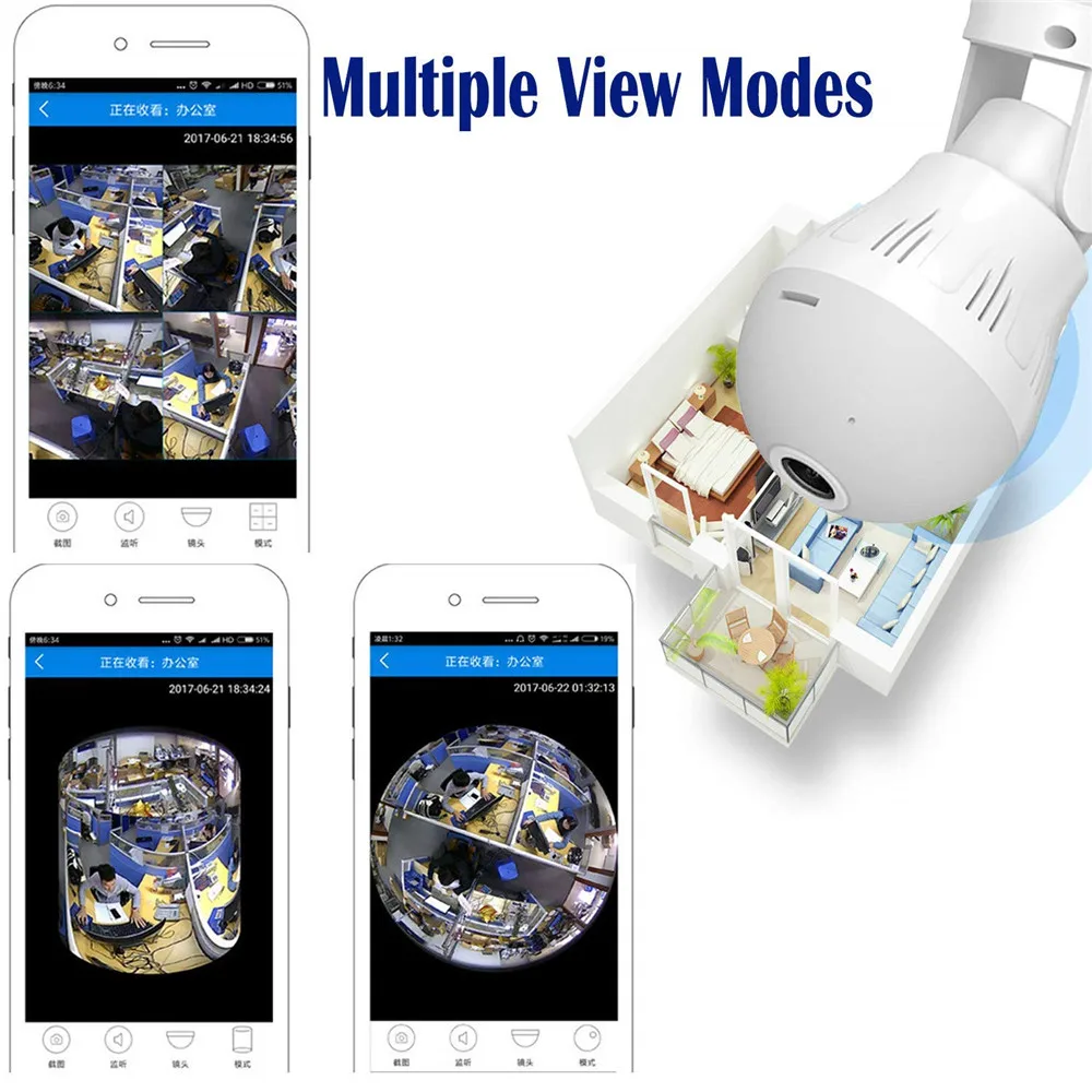 360 панорамная Беспроводная лампа рыбий глаз IP WiFi 1080P HD камера для домашней системы безопасности камера s Детский монитор Дистанционное освещение лампа