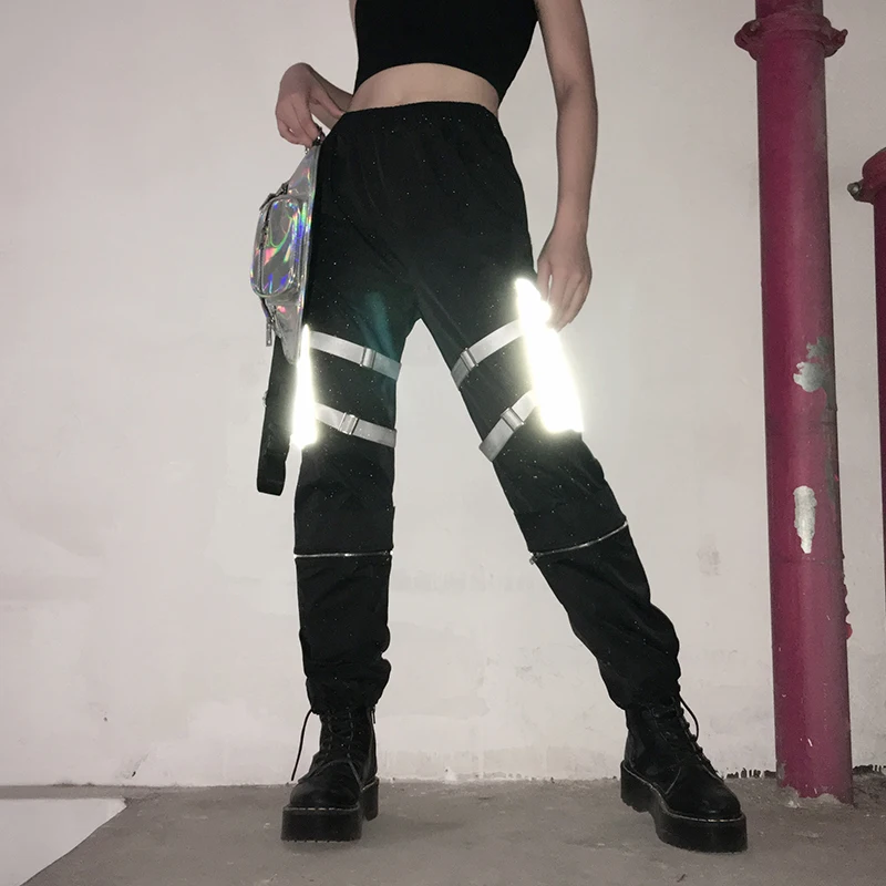 Рапкоптер Повседневный светоотражающий женский полный длина высокий эластичный лоскутный Пояс Штаны карго с карманами дамские Streetwaer панковские штаны