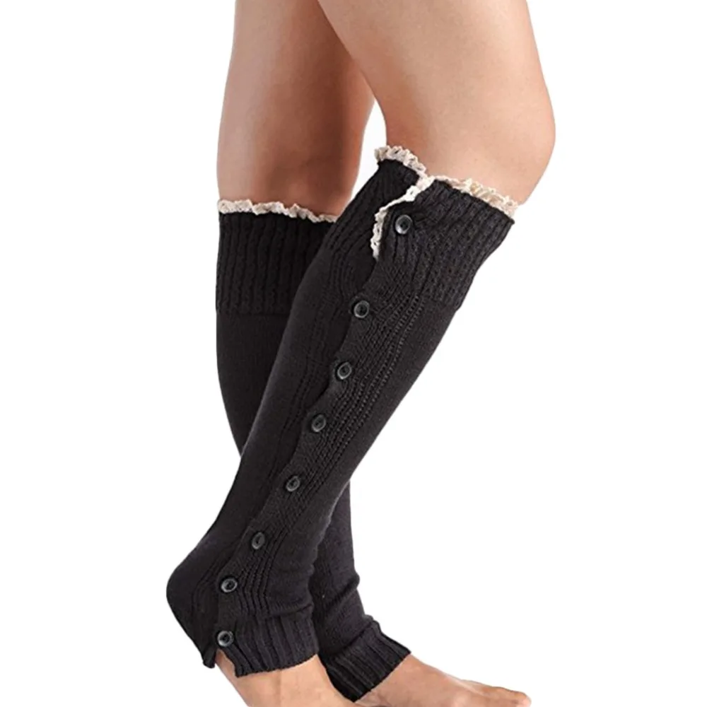 Elegant autumn winter women high leg warmers lace button trimming warm