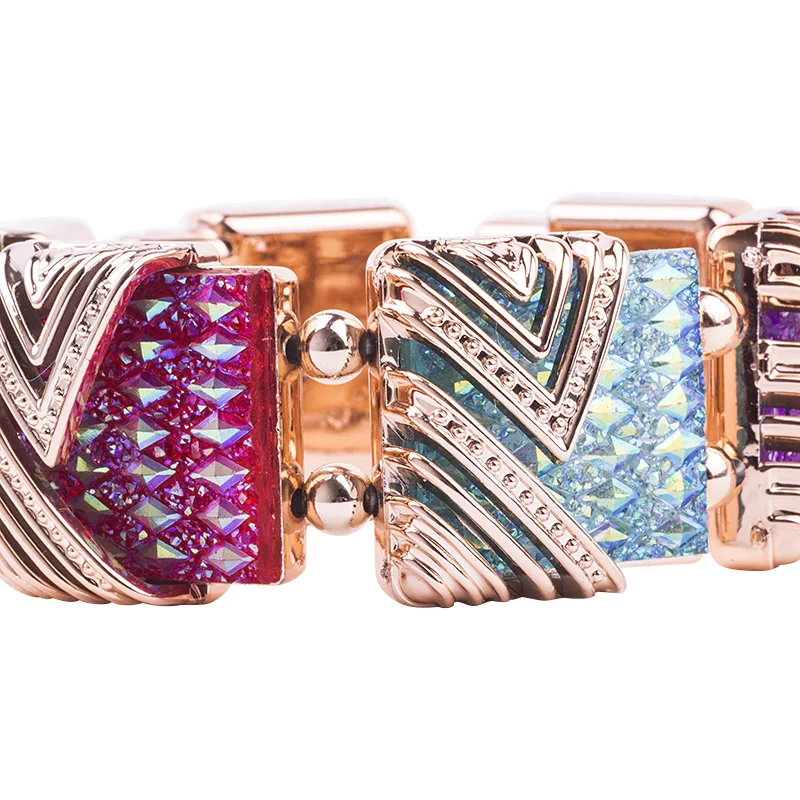Classic Gold Cuff Bracelets Bangles for Women Fashion New Stretch Geometric Colourful Crystal Bracelet Simple Charm Jewelry (5)