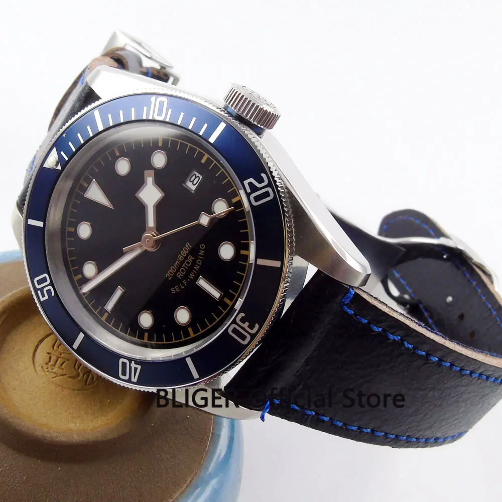 41 мм стерильный циферблат Мужские часы синий ободок светящиеся знаки сапфировое стекло 20ATM Miyota автоматический часовой механизм