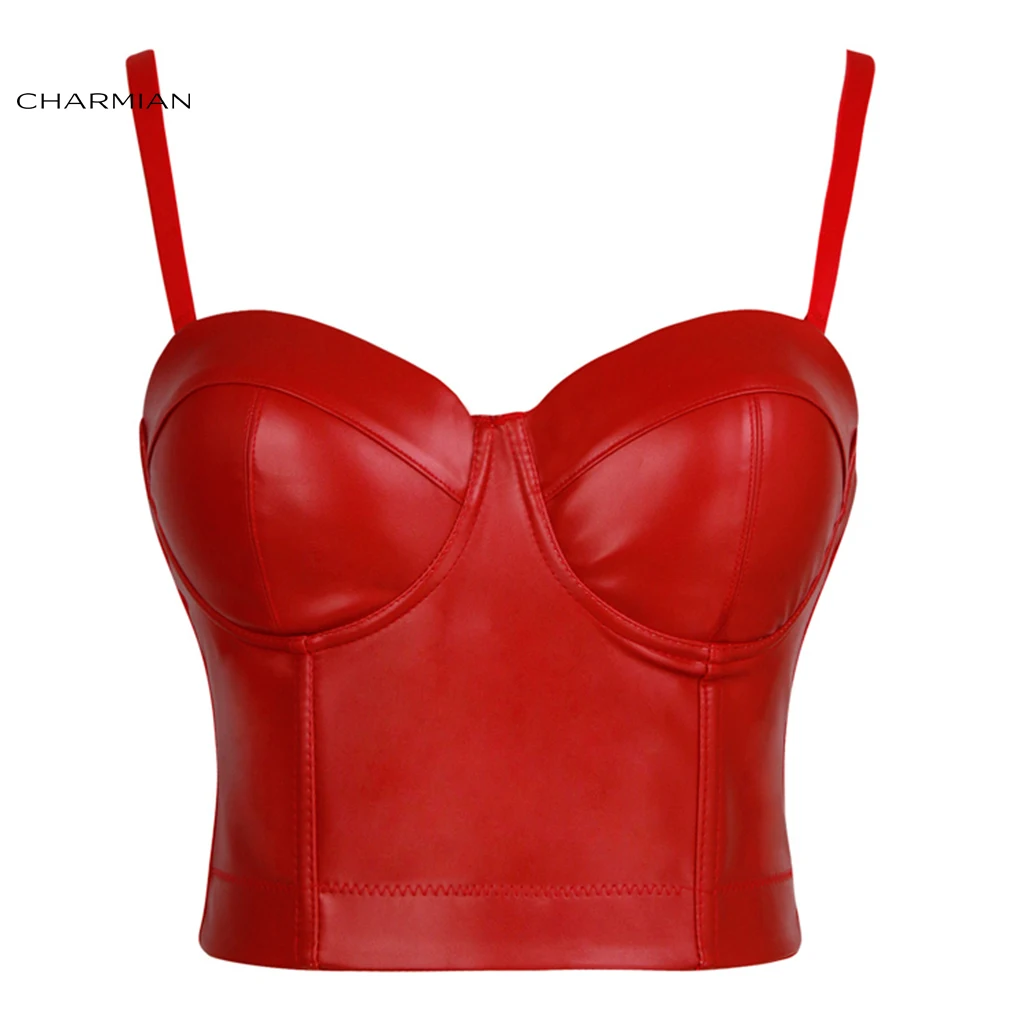 Charmian Women's Sexy Spaghetti Straps Bustier Racer Bustiers Top Leather Corsets and Bustier Gothic PU Crop Bra Top - Цвет: Red