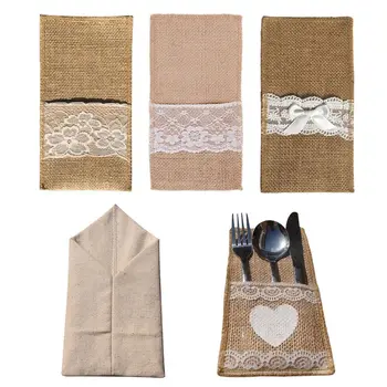 

Burlap Cutlery Holder With White Heart Design Knife Fork Pouch Cutlery Bag with Lace Decor Wedding Tableware Bags