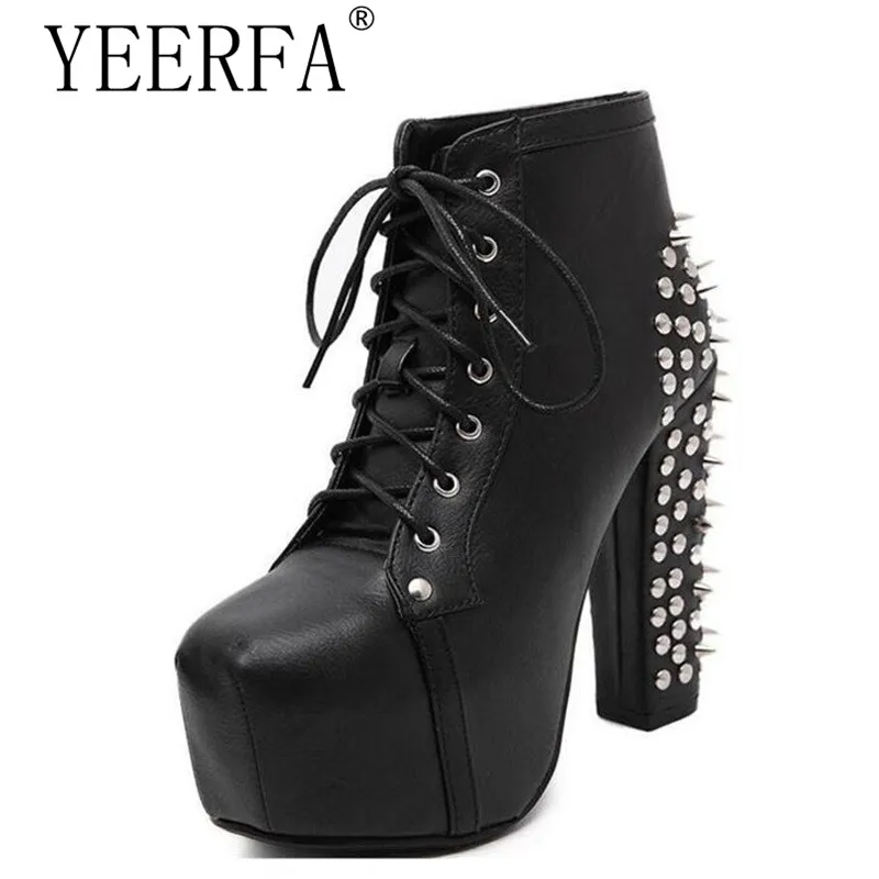 YEERFA Ultra High Heels Shoes Woman Punk Boots Spikes Ankle Boots Rivet Bota Women lita Platform Booties Lace Up Lady Shoes