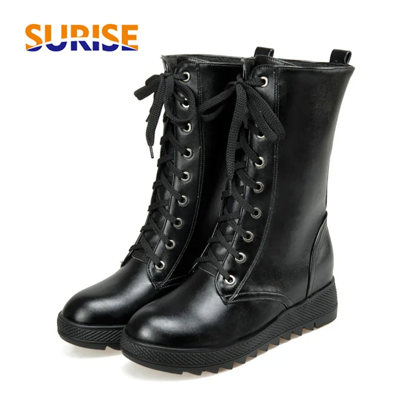 

2018 Winter Martin Women Half Snow Boots Platform Low Flat Heels Plush PU Leather Lace Up Height Increased Riding Mid-calf Boots