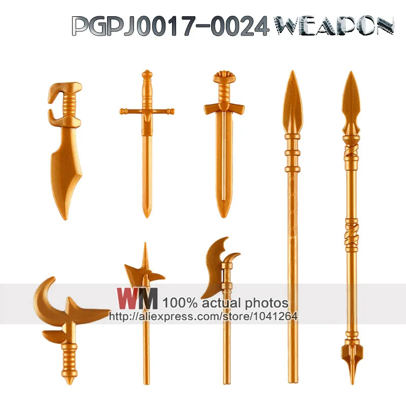 

PGPJ0017-PGPG0024 10pcs/lot Glod Medieval Knights Rome Soliders Cold Weapon Axe Sword DIY Piece For Block Figure Toys