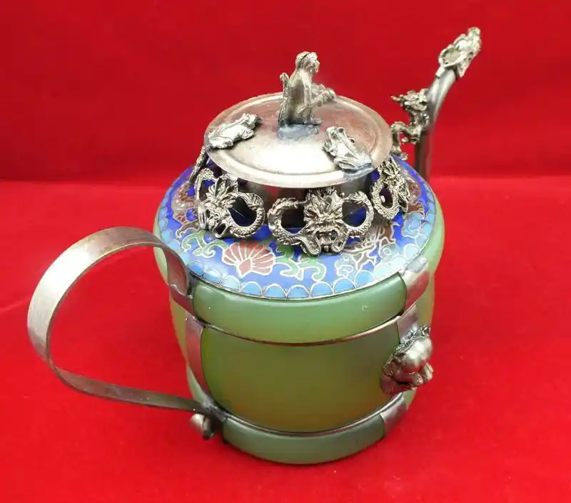 Chinese old Tibetan silver Dragon Lion Green jade Cloisonne teapot Monkey V